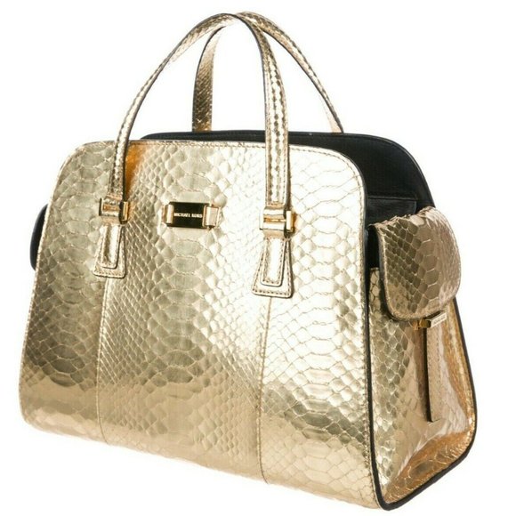 Michael Kors Metallic Gold Python Gia /Gold Tone Hardware Dual Flat Handbag - Picture 2 of 8